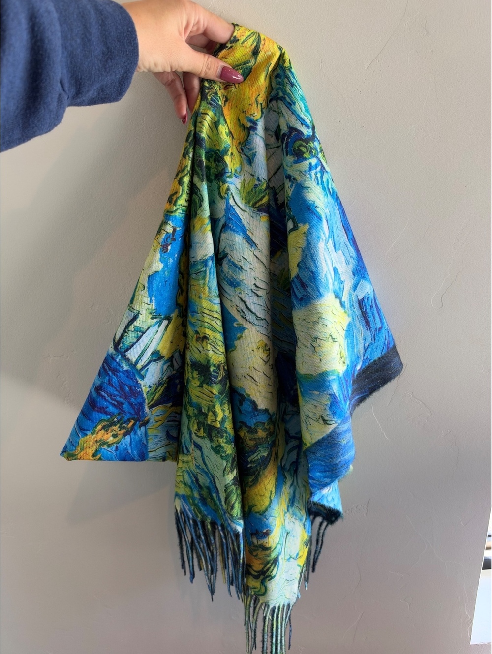 Van Gogh Starry Night Art Print Scarf Blue Yellow Fringe Wrap